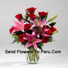 Lilies And Rose In A Vase Including Seasonal Fillers Delivered in Peru