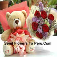 Bunch Of 6 Red Roses And A Medium Sized Cute Teddy Bear Delivered in Peru