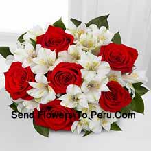 Bunch Of 6 Red Roses And Seasonal White Flowers Delivered in Peru