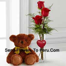 Three Red Roses In A Red Test Tube Vase And A Cute Brown 10 Inches Teddy Bear Delivered in Peru