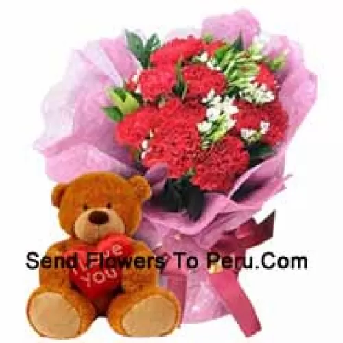 Bunch Of 12 Red Carnations With Seasonal Fillers Along With A Cute 12 Inches Tall Brown Teddy Bear