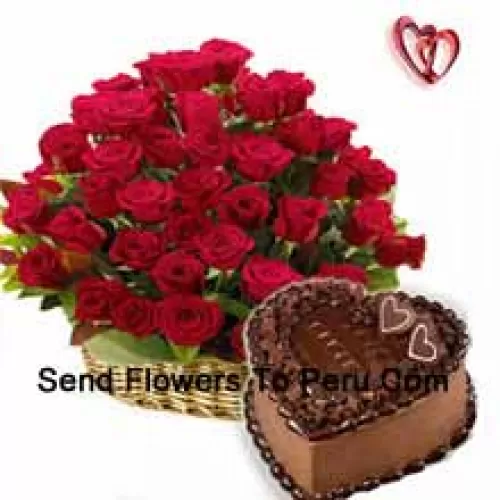 A Beautiful Arrangement Of 50 Red Roses Along With 1 Kg Heart Shaped Chocolate Cake