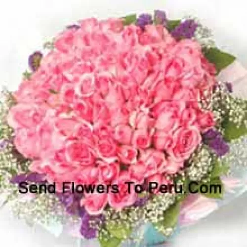 Bunch Of 100 Pink Roses With Seasonal Fillers