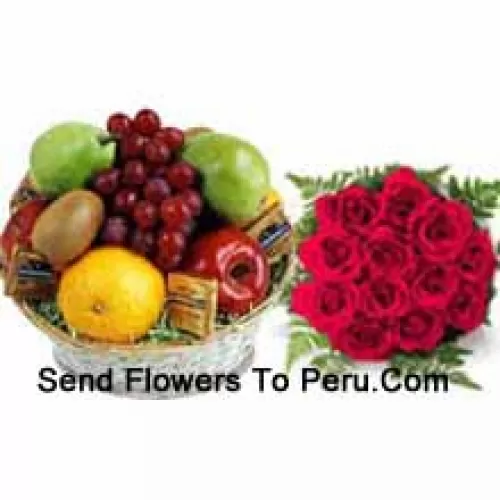 Bunch Of 12 Red Roses With 5 Kg (11 Lbs) Fresh Fruit Basket