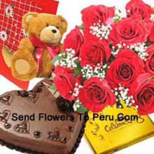 Bunch Of 12 Red Roses, Small Cute Teddy Bear, A Box Of Cadbury's Celebration Pack And 1 Kg Heart Shaped Chocolate Cake With A Free Greeting Card