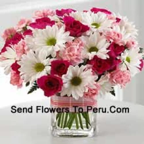 12 Red Roses, 12 White Daisies And 12 Pink Colored Carnations In A Glass Vase