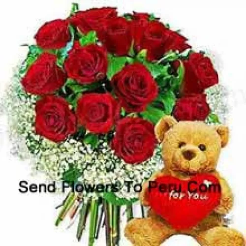 Bunch Of 12 Red Roses With Seasonal Fillers And A Cute Brown 8 Inches Teddy Bear