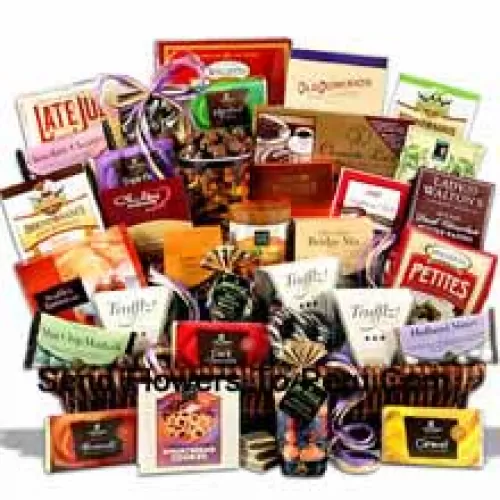 This giant chocolate gift basket is loaded with thirty of our favorite chocolate indulgences that are guaranteed to quench an army of chocolate lovers cravings! We create this masterpiece with only the finest award-winning gourmet chocolate delicacies sourced from around the globe. The result of our efforts is a?chocolate gift?basket unrivalled in the gift world! Inside they will discover the finest the confectionery world has to offer from the top brands  (Please Note That We Reserve The Right To Substitute Any Product With A Suitable Product Of Equal Value In Case Of Non-Availability Of A Certain Product)