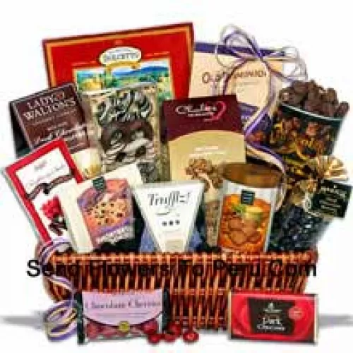 This gift basket arrives gorgeously packaged and piled high with the most delicious, award-winning chocolates you?ve ever tasted. Inside they'll find chocolate truffles, dark chocolate covered raisins, chocolate covered cherries, chocolate shortbread cookies, chocolate pecan crunch, a dark chocolate signature bar, chocolate dipped Bavarian pretzels, chocolate wafer squares, chocolate crunch shortbread cookies, dark chocolate butter wafers, chocolate almond butter crunch, chocolate covered toffee peanuts, and raspberry dark chocolate sticks. (Please Note That We Reserve The Right To Substitute Any Product With A Suitable Product Of Equal Value In Case Of Non-Availability Of A Certain Product)