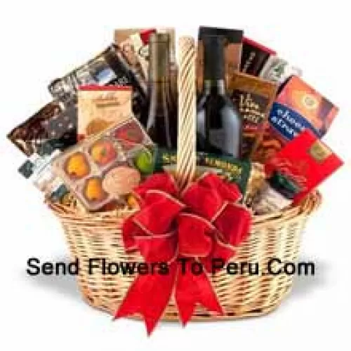 This Gift Basket includes two well-regarded red wines, Specialty crackers, Delicious cheese, savory dips, Smoked seafood, Cookies, Candies and Gourmet coffees or fine teas. (Contents of basket including wine may vary by season and delivery location. In case of unavailability of a certain product we will substitute the same with a product of equal or higher value)