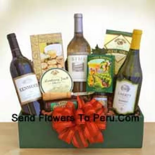 This Gift Basket tied with a beautiful bow holds Cabernet Sauvignon, Chardonnay and a delicious Sauvignon Blanc. Accompanying gourmet snacks include Monterey Jack cheese, Three Pepper water crackers, smoked almonds, a cheese spreader, Sonoma cheese straws, salami and a mini Napa Valley mustard. (Contents of basket including wine may vary by season and delivery location. In case of unavailability of a certain product we will substitute the same with a product of equal or higher value)