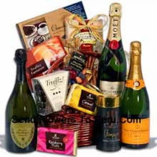 This Christmas Gift Basket Includes Moet & Chandon White Star Champagne?- 750 ml, Veuve Clicquot Ponsardin Yellow Label?- 750 ml, Dom Perignon?- 750 ml, Champagne Trufflz by Marich, Toasted Almond Chocolate Lace by Hauser Chocolatier, Dark Raspberry Truffle Bar by Lake Champlain Chocolates,  Milk Caramel Truffle Bar by Lake Champlain, Truffles Fantaisie by Guyaux Chocolatier, Champagne Sticks by Sweet Candy, Chocolate Fruit Medley in Colored Shells by Marich And Chocolate Wafer Rolls by Dolcetto. (Contents of basket including wine may vary by season and delivery location. In case of unavailability of a certain product we will substitute the same with a product of equal or higher value)