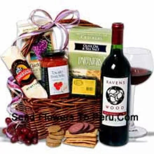 This Christmas Gift basket includes Ravenswood Cabernet Sauvignon ? 750 ml, Hors Doeuvre Deli Style Crackers by Partners, Tomato Bruschetta by Elki, Red Wine Biscuit by American Vintage, Hickory & Maple Smoked Cheese by Sugarbush Farm and Butcher Wrapped Summer Sausage by Sparrer Sausage Co. (Contents of basket including wine may vary by season and delivery location. In case of unavailability of a certain product we will substitute the same with a product of equal or higher value)