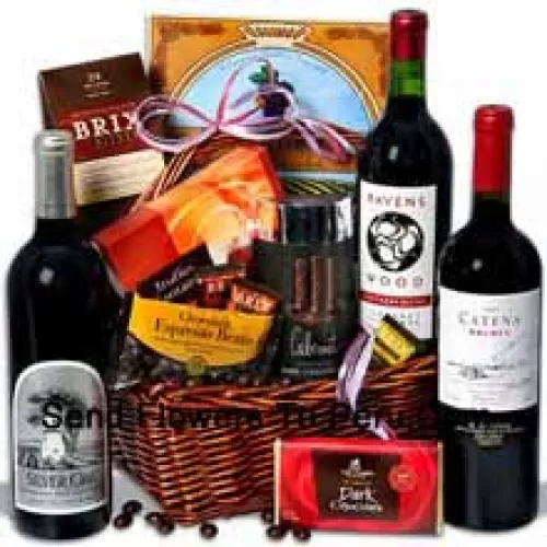 This Exclusive Gift Basket Includes Ravenswood Cabernet Sauvignon ? 750 ml, Catena Malbec Mendoza ? 750 ml, Silver Oak Alexander Valley Cabernet Sauvignon ? 750ml, Signature Dark Chocolate Bar By Lake Champlain, Dark Chocolate Espresso Beans By Marich, Chocolatier Truffles Fantaisie by Guyaux Chocolates, Mocha Chocolate California Wine Wafer by Sacramento Cookie Co, Cabernet Flavored Dark Chocolate Gel Sticks by Sweet Candy Co and Brix Bites by Brix. (Contents of basket including wine may vary by season and delivery location. In case of unavailability of a certain product we will substitute the same with a product of equal or higher value)