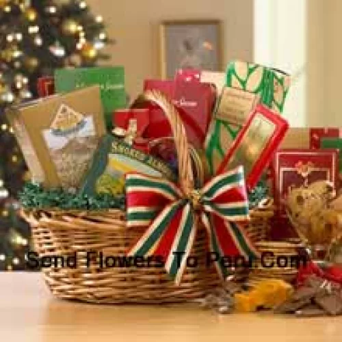Filled with festive goodies and wrapped with a colorful ribbon, this gourmet basket is filled with the best sweet and savory snacks we have to offer! Your recipient will love the Fancy Water Crackers, Sharpy Cheddar, Honey Mustard Pretzel Nuggets, Dutch Gouda Cheese Biscuits, Smoked Almonds, assorted Fruit Bonbons, Homestyle Peanut Brittle, Chocolate Chip Cookies, Chocolate Truffles and mouthwatering Milk Chocolate. (Please Note That We Reserve The Right To Substitute Any Product With A Suitable Product Of Equal Value In Case Of Non-Availability Of A Certain Product)